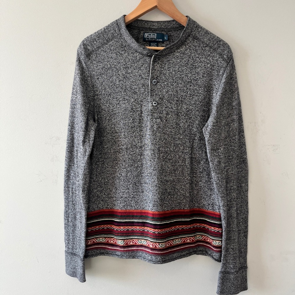 Polo Ralph Lauren Vintage Henley Shirt Southwestern Grey L Rabbit Hair Blend